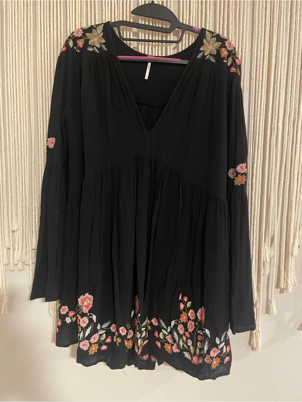 Free People Black Mini Dress with Pink Floral Embroidery